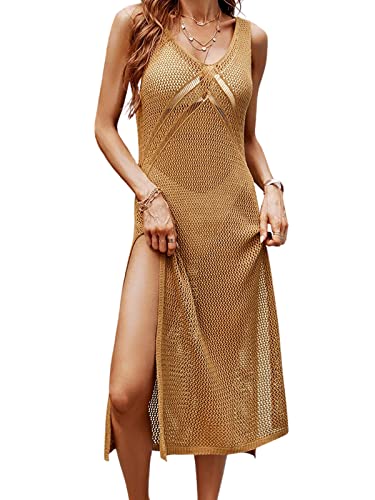 CUPSHE Damen Bikini Cover Up Strandkleid V Ausschnitt Ärmellos Lochmuster Seitenschlitz Sexy Strandponcho Sommer Beach Midi Dress Braun S von CUPSHE