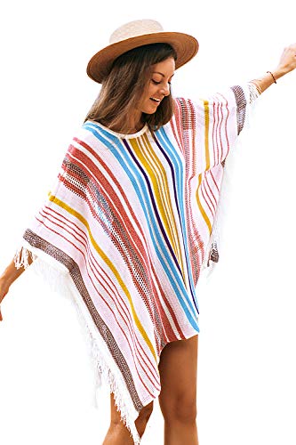 CUPSHE Damen Bikini Cover Up Strandkleid V Ausschnitt Fransen Lochmuster Streifen Strandponcho Sommer Beach Mini Dress von CUPSHE