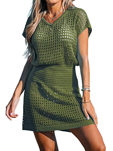 CUPSHE Damen Bikini Cover Up Strandkleid V Ausschnitt Knöpfen Lochmuster Häkelt Tunika Freizeitkleider Sommer Beach Mini Dress Armeegrün L von CUPSHE