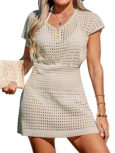 CUPSHE Damen Bikini Cover Up Strandkleid V Ausschnitt Knöpfen Lochmuster Häkelt Tunika Freizeitkleider Sommer Beach Mini Dress Weiß L von CUPSHE