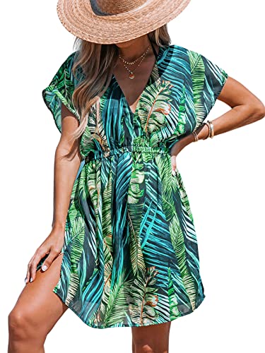 CUPSHE Damen Bikini Cover Up Strandkleid V Ausschnitt Kurzarm Blätter Print Seitenschlitz Sommer Beach Mini Dress Grünes Blatt L von CUPSHE
