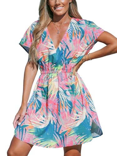 CUPSHE Damen Bikini Cover Up Strandkleid V Ausschnitt Kurzarm Blätter Print Seitenschlitz Sommer Beach Mini Dress Tropische Pflanze S von CUPSHE