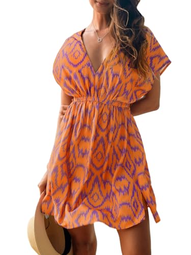 CUPSHE Damen Bikini Cover Up Strandkleid V Ausschnitt Kurzarm Elastikbund Seitenschlitz Freizeitkleider Geo Druck Sommer Beach Mini Dress Orange/Lilae M von CUPSHE