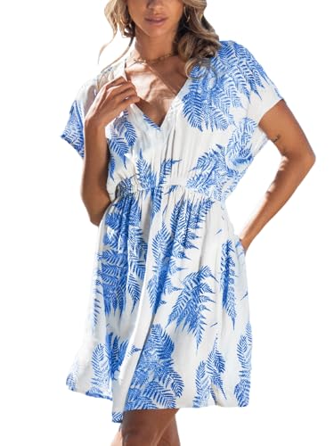 CUPSHE Damen Bikini Cover Up Strandkleid V Ausschnitt Kurzarm Elastikbund Seitenschlitz Freizeitkleider Sommer Beach Mini Dress Blaue Blätter S von CUPSHE