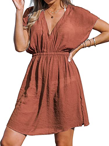 CUPSHE Damen Bikini Cover Up Strandkleid V Ausschnitt Kurzarm Elastikbund Seitenschlitz Freizeitkleider Sommer Beach Mini Dress Gebranntes Orange M CUPSHE Damen Bikini Cover Up Strandkleid V Ausschnitt Kurzarm Elastikbund Seitenschlitz Freizeitkleider Sommer Beach Mini Dress Gebranntes Orange M von CUPSHE