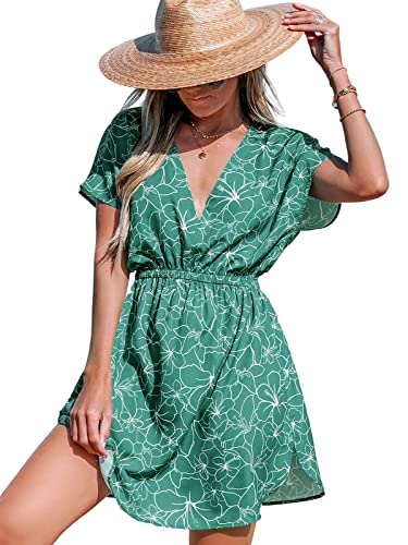 CUPSHE Damen Bikini Cover Up Strandkleid V Ausschnitt Kurzarm Elastikbund Seitenschlitz Freizeitkleider Sommer Beach Mini Dress Grün/Blätterdruck L von CUPSHE