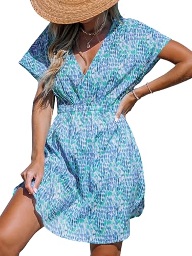 CUPSHE Damen Bikini Cover Up Strandkleid V Ausschnitt Kurzarm Elastikbund Seitenschlitz Freizeitkleider Sommer Beach Mini Dress Grüner Punkt XL von CUPSHE