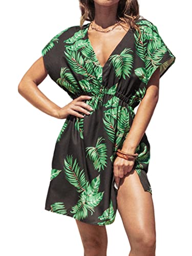 CUPSHE Damen Bikini Cover Up Strandkleid V Ausschnitt Kurzarm Elastikbund Seitenschlitz Freizeitkleider Sommer Beach Mini Dress Schwarz/Tropical Print M von CUPSHE