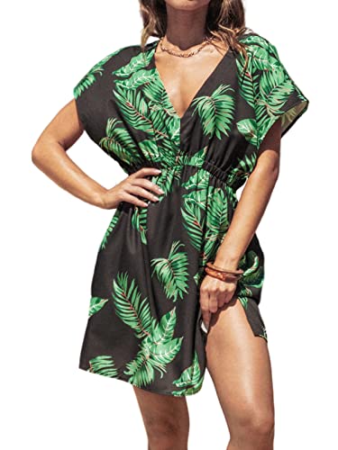 CUPSHE Damen Bikini Cover Up Strandkleid V Ausschnitt Kurzarm Elastikbund Seitenschlitz Freizeitkleider Sommer Beach Mini Dress Schwarz/Tropical Print S von CUPSHE