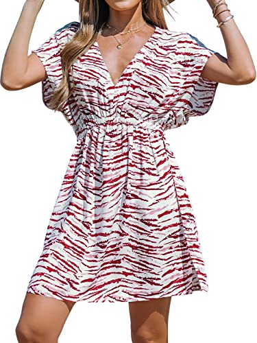 CUPSHE Damen Bikini Cover Up Strandkleid V Ausschnitt Kurzarm Elastikbund Seitenschlitz Freizeitkleider Sommer Beach Mini Dress Weiß/Burgund L von CUPSHE