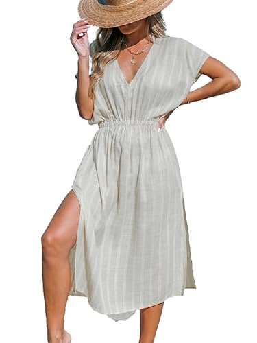 CUPSHE Damen Bikini Cover Up Strandkleid V-Ausschnitt Kurzarm Seitenschlitz Elastikbund Sommerkleid Beach Midi Dress Graue Aprikose XL von CUPSHE