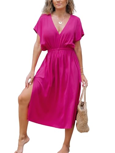 CUPSHE Damen Bikini Cover Up Strandkleid V-Ausschnitt Kurzarm Seitenschlitz Elastikbund Sommerkleid Beach Midi Dress Rosa/Solid Hot Pink XL von CUPSHE