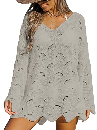 CUPSHE Damen Bikini Cover Up Strandkleid V Ausschnitt Langarm Lochmuster Häkelstrick Wellenkante Strandponcho Beach Cover Ups Mini Dress Grau S von CUPSHE