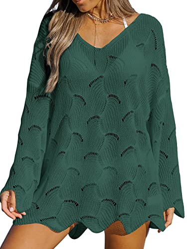 CUPSHE Damen Bikini Cover Up Strandkleid V Ausschnitt Langarm Lochmuster Häkelstrick Wellenkante Strandponcho Beach Cover Ups Mini Dress Grün M von CUPSHE