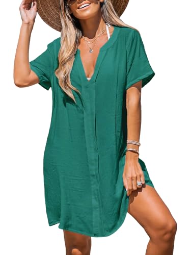 CUPSHE Damen Bikini Cover Up Tiefer V-Ausschnitt Kurzarm Halbdurchsichtig Sommer Strandkleid Mini Dress Beachwear Grün L von CUPSHE