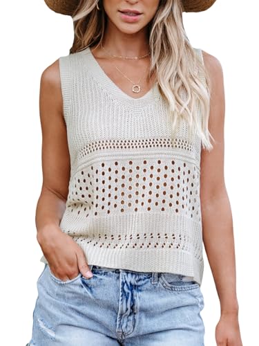 CUPSHE Damen Bikini Cover Up Top V-Ausschnitt Oberteil Ärmellos Crochet Cutout Sommer Häkeln Beachwaer Beige XS von CUPSHE