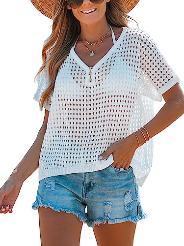 CUPSHE Damen Bikini Cover Up V-Ausschnitt Kurzarm Knopfleiste Crochet Durchsichtig Sommer Top Beachwear Shirts von CUPSHE