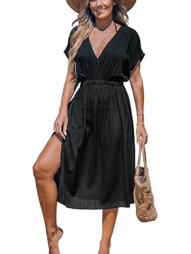 CUPSHE Damen Bikini Cover Up Strandkleid V-Ausschnitt Kurzarm Seitenschlitz Elastikbund Sommerkleid Beach Midi Dress Einfarbig Schwarz M von CUPSHE