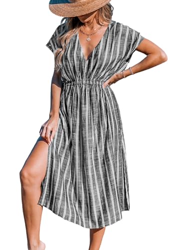 CUPSHE Damen Bikini Cover Up V-Ausschnitt Strandkleid Kurzarm Streifen Seitenschlitz Elastikbund Sommer Strandkleid Beach Midi Dress Schwarz S von CUPSHE