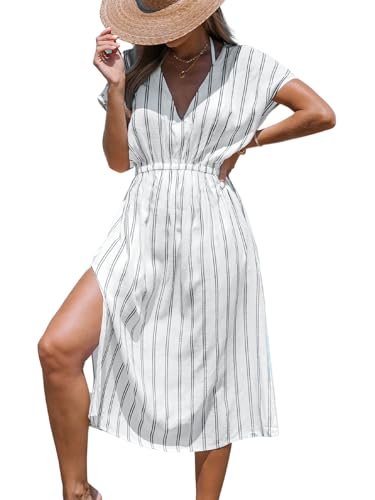 CUPSHE Damen Bikini Cover Up V-Ausschnitt Strandkleid Kurzarm Streifen Seitenschlitz Elastikbund Sommer Strandkleid Beach Midi Dress von CUPSHE