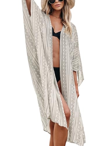 CUPSHE Damen Bikini Cover Up Vorne Offen Ethnic Kimono Strand Leichte Strickjacke Midi Cardigan Sommer Beachwear Grauweiß L von CUPSHE