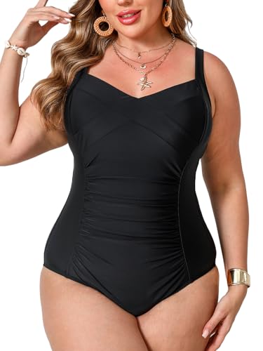 CUPSHE Damen-Bikini-Kostüm, gerüscht, Bauchkontrolle, Bademode mit tiefem Retro-Bein, einteiliger Badeanzug, Schwarz , XL von CUPSHE