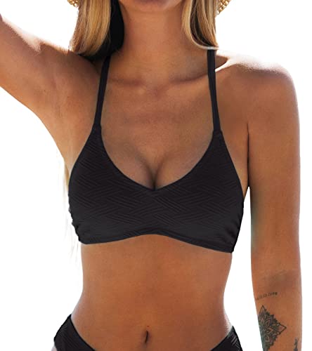 CUPSHE Damen Bikini Oberteil Neckholder Bikini Bademode U Ausschnitt Texturiert Bikini Top Schwarz L von CUPSHE