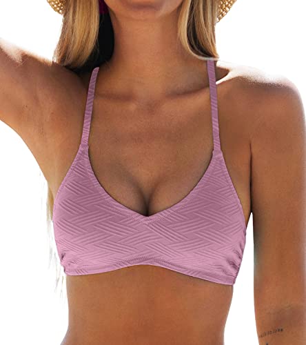 CUPSHE Damen Bikini Oberteil Neckholder U Ausschnitt Texturierte Bademode Bikini Top Rosa XL von CUPSHE