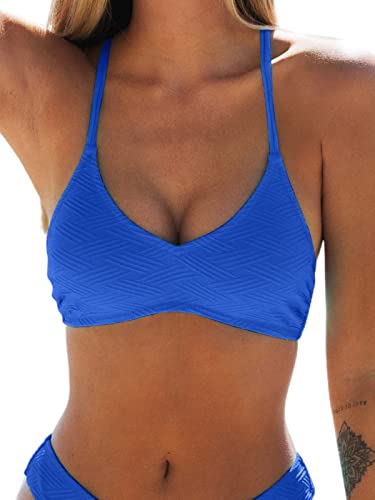 CUPSHE Damen Bikini Oberteil Neckholder V Ausschnitt Lace Up Textur Bademode Spaghettiträger Bikini Top Kobaltblau L von CUPSHE