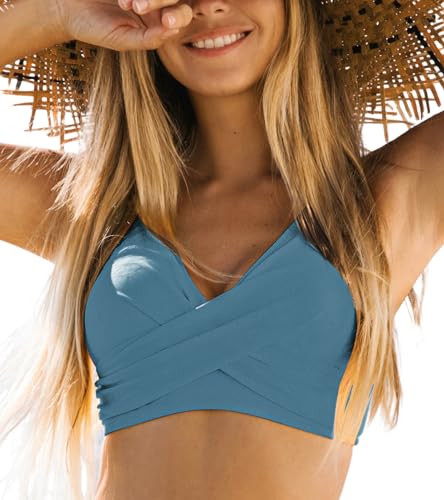 CUPSHE Damen Bikini Oberteil V Ausschnitt Wickeloptik Crossover Lace Up Bralette Bademode Breite Träger Bikini Top Blau (Glacier Blue) L von CUPSHE