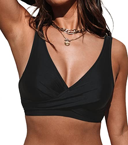 CUPSHE Damen Bikini Oberteil V Ausschnitt Wickeloptik Lace Up Bademode Breite Träger Bikini Top Schwarz XS von CUPSHE