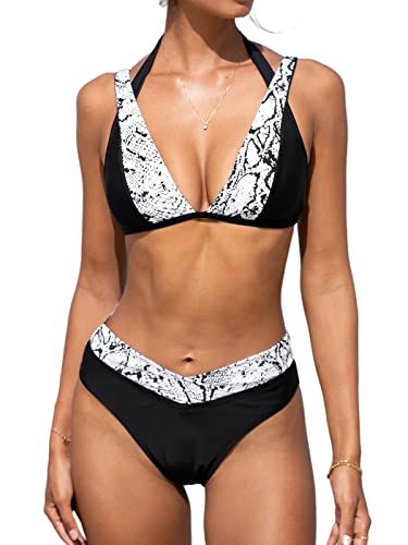 CUPSHE Damen-Bikini-Set, 2-teilig, Tierdruck, tiefer V-Ausschnitt, Neckholder, Haken, verstellbare Träger, Schwarz/Weiß Animal Print, Large von CUPSHE