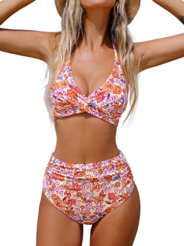 CUPSHE Damen Bikini Set Neckholder V Ausschnitt Wickeloptik High Waist Blumenmuster Bademode Zweiteiliger Badeanzug Swimsuit Pink Floral XL von CUPSHE