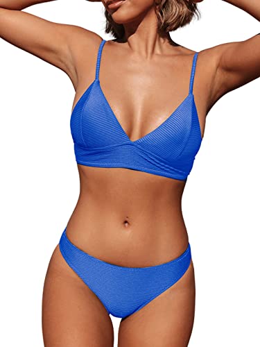 CUPSHE Damen Bikini Set V Ausschnitt Triangel Breites Unterbrustband Rippstruktur Bademode Zweiteiliger Badeanzug Swimsuit Königsblau M von CUPSHE