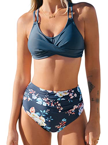 CUPSHE Damen-Bikini-Set, hohe Taille, Blumenmuster, Bauchkontrolle, U-Ausschnitt, doppelte Träger, überkreuzter Rücken, Azurblau mit Blumenmuster, Medium von CUPSHE