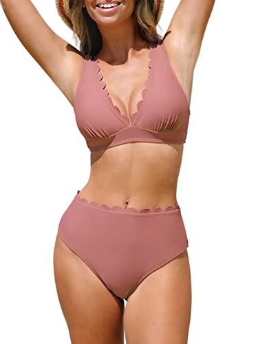 CUPSHE Damen-Bikini-Set, hohe Taille, gewellt, Badeanzug, V-Ausschnitt, breiter Saum, zweiteiliger Badeanzug, Badeanzug, rose, XL von CUPSHE