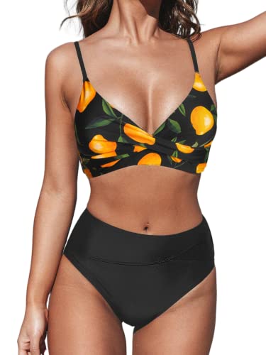 CUPSHE Damen Bikini Set Crossover V Ausschnitt High Waist Tank Bademode Zweiteiliger Badeanzug Swimsuit Schwarz/Zitrone S von CUPSHE