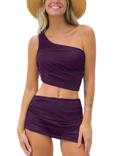 CUPSHE Damen-Bikini-Set, zweiteilig, eine Schulter, gerüschtes Netzgewebe, mittelhoher Rock, asymmetrisch, Weinbeere, Medium von CUPSHE