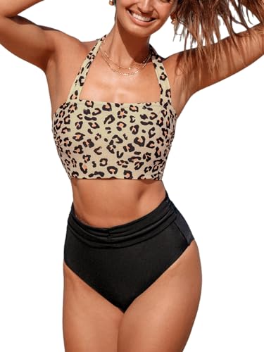 CUPSHE Damen-Bikini-Set, zweiteilig, hohe Taille, Bauchkontrolle, quadratischer Halter, verstellbare Träger, Schwarz Leopard, Large von CUPSHE