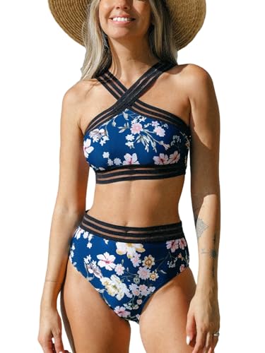 CUPSHE Damen-Bikini-Set, zweiteilig, hohe Taille, hoher Ausschnitt, breite Träger, Badeanzug, Netzstoff, Blau floral, Large von CUPSHE