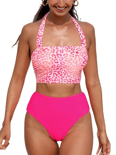 CUPSHE Damen-Bikini-Set, zweiteilig, quadratischer Ausschnitt, Neckholder, verstellbare Träger, wendbar, hohe Taille, Leopardenmuster, pink leopard, Large von CUPSHE