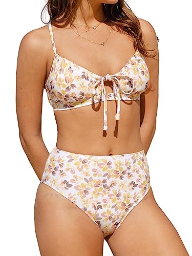 CUPSHE Damen-Bikini-Set, zweiteilige Badeanzüge, mittlere Taille, Blumenmuster, überkreuzte Rückenbindung, U-Ausschnitt, Badeanzüge, Gelbes Blumenmuster, M von CUPSHE