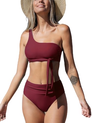 CUPSHE Damen-Bikini-Set, zweiteiliger Badeanzug, eine Schulter, hohe Taille, Wickelband, gerüschte Unterseite, Weinrot, Medium von CUPSHE