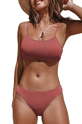 CUPSHE Damen Bikini Set Bandeau Geraffter Bikini Low Waist Gesmokte Bademode Zweiteiliger Badeanzug Ziegelrot S von CUPSHE