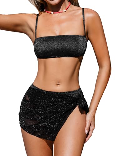 CUPSHE Damen Bikini Set Bandeau High Waist Bikini Asymmetrischer Sarong Glitzer Dreiteiliger Badeanzug Swimsuit Schwarz M von CUPSHE