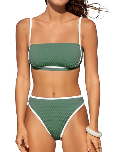 CUPSHE Damen Bikini Set Bandeau High Waist Kontrastpaspeln High Cut Texturierter Zweiteiliger Badeanzug Bademode für Sommer und Strand Grün/Weiß XL CUPSHE Damen Bikini Set Bandeau High Waist Kontrastpaspeln High Cut Texturierter Zweiteiliger Badeanzug Bademode für Sommer und Strand Grün/Weiß XL von CUPSHE