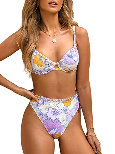 CUPSHE Damen Bikini Set Bügel Tunnelzug High Waist Rüschen Blumenmuster Bademode Zweiteiliger Badeanzug Swimsuit Lavendel L von CUPSHE