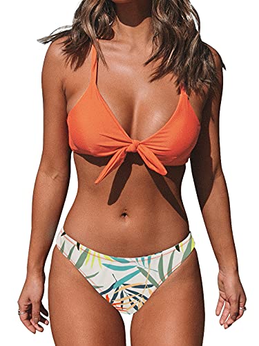 CUPSHE Damen Bikini Set Cross Back Knoten Bikini Bademode Low Rise Blättermuster Zweiteiliger Badeanzug Swimsuit Orange M von CUPSHE