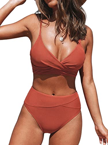 CUPSHE Damen Bikini Set Crossover Bustier High Waist Bikini Bademode Elegant Zweiteiliger Badeanzug Swimsuit Ziegelrot L von CUPSHE