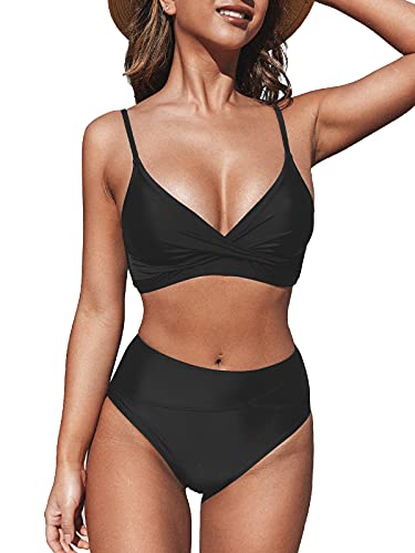 CUPSHE Damen Bikini Set Crossover High Waist Bikini Bademode Elegant Wickeloptik Zweiteiliger Badeanzug Swimsuit Schwarz S von CUPSHE